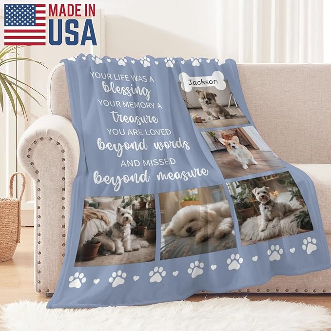 Artsadd Custom Dog Photo Blanket Personalized Pet Memorial Blanket with Pictures & Name - Memorial Gifts for Loss of Dog Cat, Pet Sympathy Remembrance Gifts, in Loving Memory Blanket