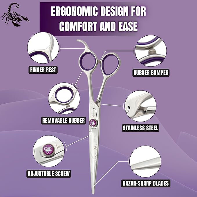 Kenchii Scorpion 7 Inch, Straight Grooming Scissors for Dogs and Pets - Premium Steel Scissors for Dog Grooming - Dog Shears Pet Grooming Accessories - Pet Hair Trimming Scissor