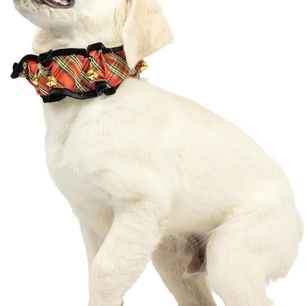 Huxley & Kent Ruff Pet Scrunchy | Shiny Christmas Plaid (Medium) | Festive Christmas/Holiday Neckwear for Dogs/Cats | Fun Stretchable Costume Accessory | Soft Collar with Bells