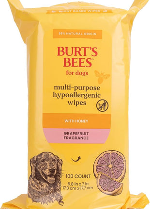 Burt's Bees for Pets Multipurpose Dog Wipes with Honey, Grapefuit Fragrance, 98% Natural Origin Formulas, Hypoallergenic Dog Wipes Cleaning, Dog Cleaning Wipes, Dog Wipes for Paws and Butt, 100ct