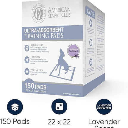 American Kennel Club Ultra Absorbent Odor Control Scented Training Pads For Dogs Leak-proof Quick Dry Gel – 22 x 22 Puppy Pads - Lavender Scented - Pack of 150