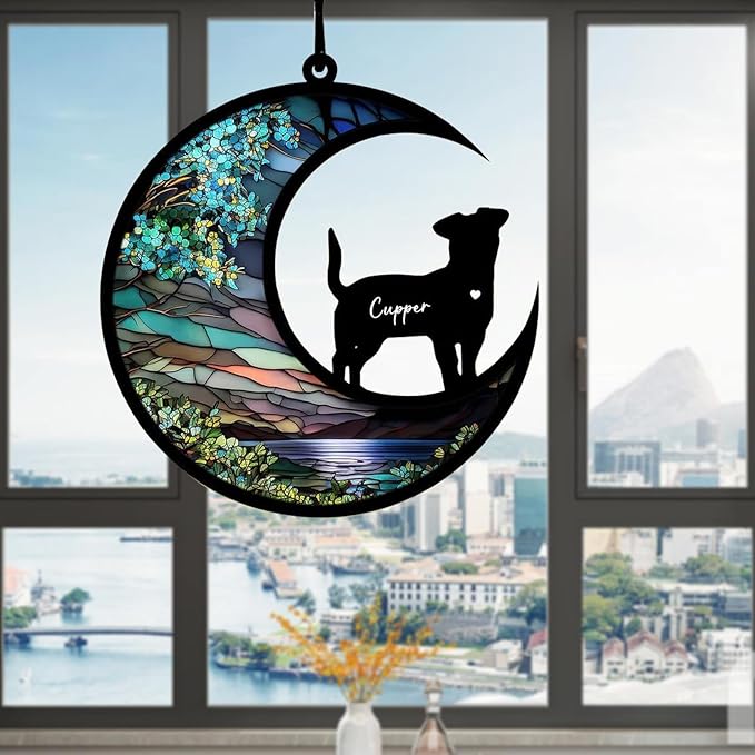 Dog Memorial Suncatcher, Personalized Pet Breeds with Name Date, Stained Glass Light Catcher, Dog Memorials & Funerary Gifts