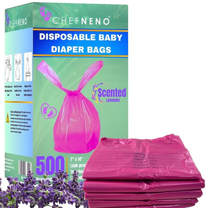 Baby Diaper Bag Disposable (500 Count, Pink) Fresh Lavender Scented Easy Tie Handles Scented Bulk Diaper Sacks Disposable Dog Poop Bags Cat Litter Clump & Poop Bags Sanitary Pads Disposal (500 Bags)