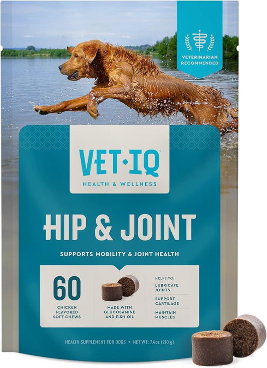 VetIQ Glucosamine Hip & Joint Supplement for Dogs, 60 Soft Chews, Joint Support Supplement with MSM and Krill, Dog Health Supplies Large & Small Breed, Chicken Flavored Chewables
