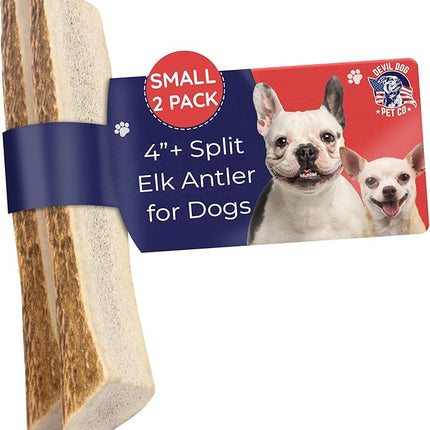 Devil Dog Pet Co. Split Elk Antlers for Dogs, Small 4"+, 2 Pack, Grade A Long Lasting Chew for Aggressive Chewers, Premium USA Naturally Shed Antler – Healthy, No Odor, Durable Dog Chew