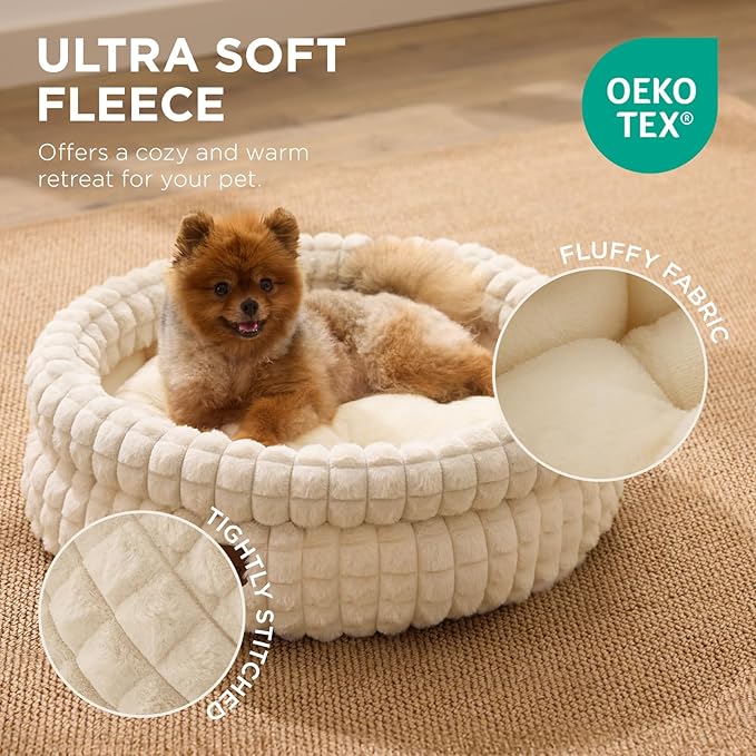 Joydeco Beige Cat Bed Kitten Bed, Washable Round Cat Beds for Indoor Cats, Ultra Soft Plush Pet Bed for Puppy and Kitten with Anti-Slip, Small