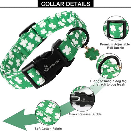 ARING PET St Patrick's Day Dog Collar-Cute Green Clovers Dog Collars, Adjustable Shamrock Pet Collars Trefoil Puppy Collar with Quick Release Buckle for Girl&Boy Dogs