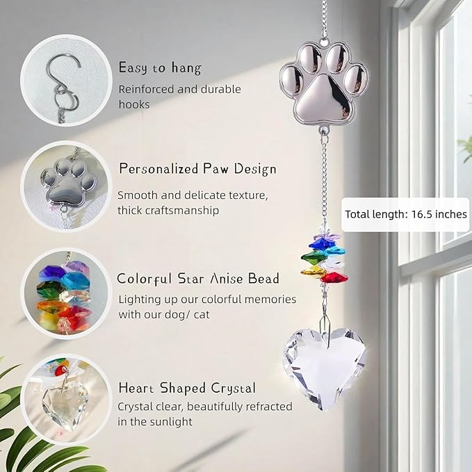 Pet Memorial Gifts for Dogs Cat: Loss of Dog Sympathy Gift- Rainbow Bridge Heart Shape Crystal Suncatcher, Pet Remembrance Ornament in Memory of Puppy, Thoughtful Passing Away Sympathy Keepsake