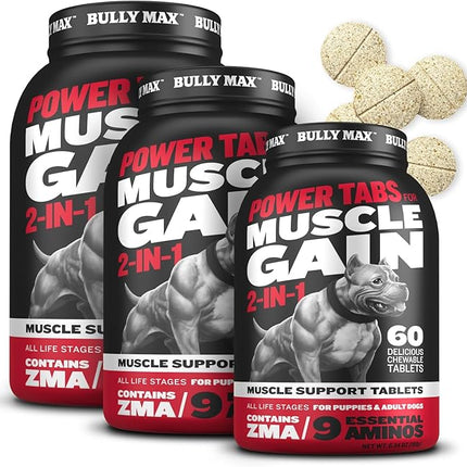 Bully Max 2-in-1 Muscle Builder Chewable Tablets for Dogs - Puppy & Dog Vitamins, Supplements for Muscle Gain & Growth - Canine Multivitamins Essentials for All Breeds & Ages - 60 Tabs, 3 Bottles