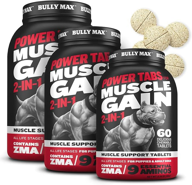 Bully Max 2-in-1 Muscle Builder Chewable Tablets for Dogs - Puppy & Dog Vitamins, Supplements for Muscle Gain & Growth - Canine Multivitamins Essentials for All Breeds & Ages - 60 Tabs, 3 Bottles