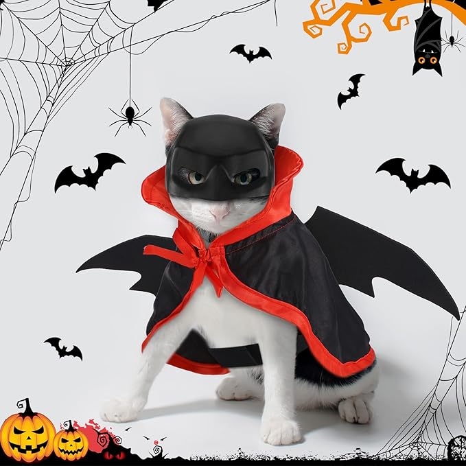 3 PCS Halloween Cat Costume Bat Mask Bat Wings Cloak Pet Costumes for Small Cats Kittens Cosplay Halloween Party Decoration Bat Cat Mask and Apparel Cats Dress Up Accessories