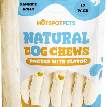 hotspot pets 8-9 Inch Large Rawhide Dog Chew Rolls (10 Pack) - Made from Grass Fed Cows - Great for Dental & Oral Care for Aggressive Chewers Large Dogs