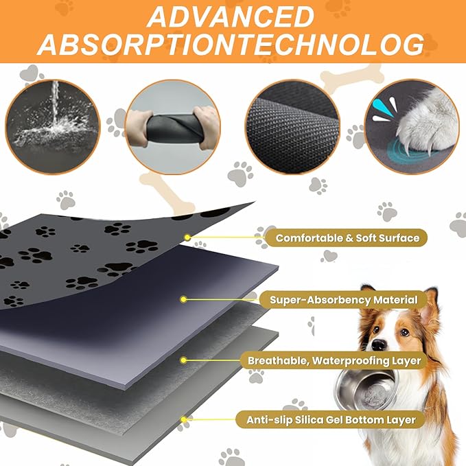 18"×30" Dog Food Mat-Absorbent Dog Mat for Food and Water, No Stains Quick Dry Cat Food Bowl Mat with Footprints for Messy Drinkers,Dark Grey