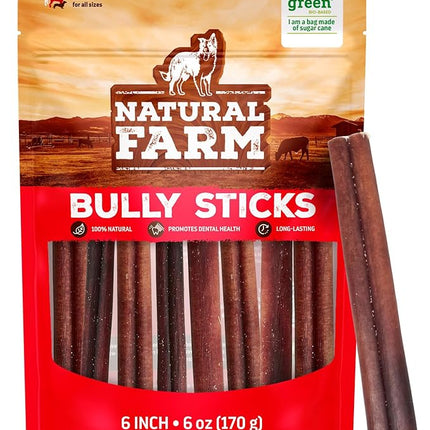Natural Farm Odor-Free Bully Sticks (6 Inch, 6 Ounces), Packaged by Weight, 100% Beef Chews, Grass-Fed, Fully Digestible Treats to Keep Your Puppies, Small and Medium Dogs Busy