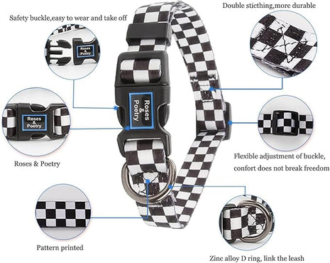 Roses&Poetry Dog Collar with Colourful Checkered Patterns, Adjustable Durable Puppy Collars for Small Medium Large Dogs (Black & White-S)