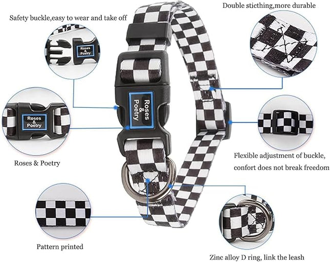 Roses&Poetry Dog Collar with Colourful Checkered Patterns, Adjustable Durable Puppy Collars for Small Medium Large Dogs (Black & White-S)