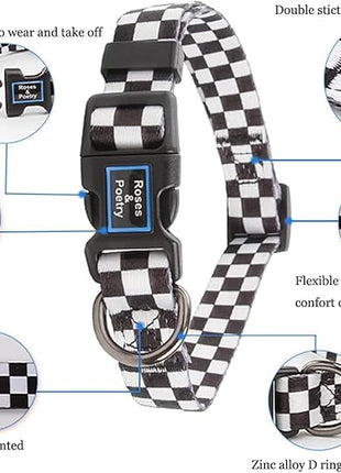 Roses&Poetry Dog Collar with Colourful Checkered Patterns, Adjustable Durable Puppy Collars for Small Medium Large Dogs (Black & White-M)