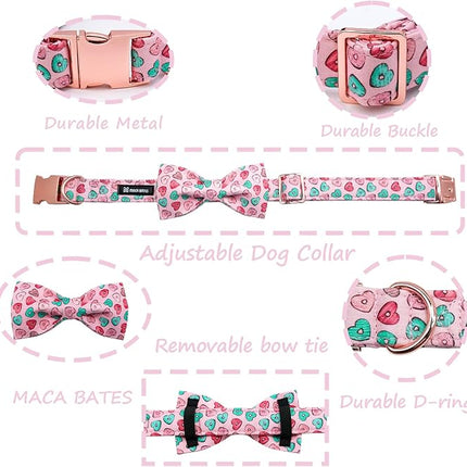 Maca Bates Valentine's Day Dog Collar with Fancy Bow for Medium Girl Boy Dogs,Pink Love Hearts Pattern,Adjustable Durable Soft Valentine Gift for Female Male Puppy