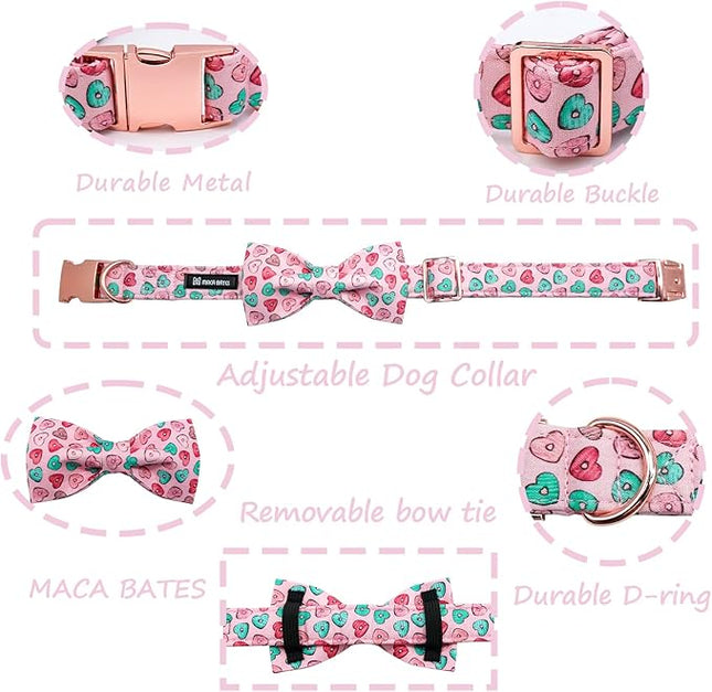Maca Bates Valentine's Day Dog Collar with Fancy Bow for Extra Large Girl Boy Dogs,Pink Love Hearts Pattern,Adjustable Durable Soft Valentine Gift for Female Male Puppy