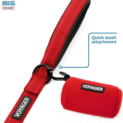 Best Pet Supplies Dog Poop Bag Holder Leash Attachment with 15 Bags, Red, Reusable Mesh Dispenser Pouch for Travel, Walking, Park, and Outdoor Use, Soft and Durable with Clip-On