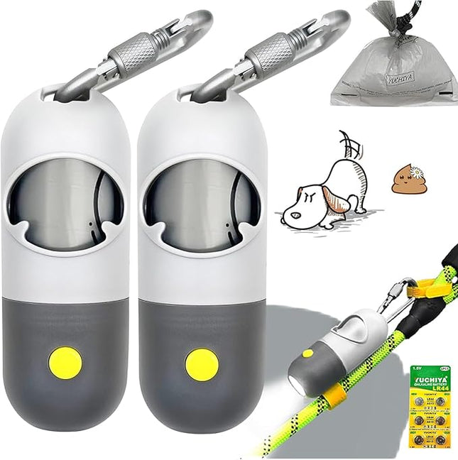 Dog Poop Bags Holder with LED Flashlight|Pet Waste Bags Dispenser for Leash|Doggie Potty Bags Container with Leak-proof Pet Trash Bags and Accessories (Light Gray, 2 Holder 30 Bags)