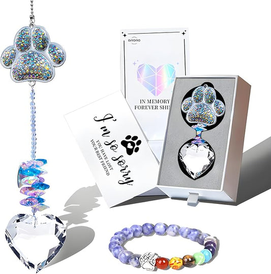 Dog Memorial Gifts,Pet Memorial Suncatcher with 7-Colorful Beads Paw Bracelet,Pet Loss,Pet Sympathy,Thoughtful Dogs and Cats Remembrance,Lost of Pet Bereavement Gifts,Crystal Heart Sun Catcher