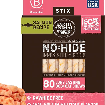 Earth Animal No Hide Stix - Long Lasting Rawhide Free Small Dog Chews Sticks, Salmon - 80 Count Extra Value Pack
