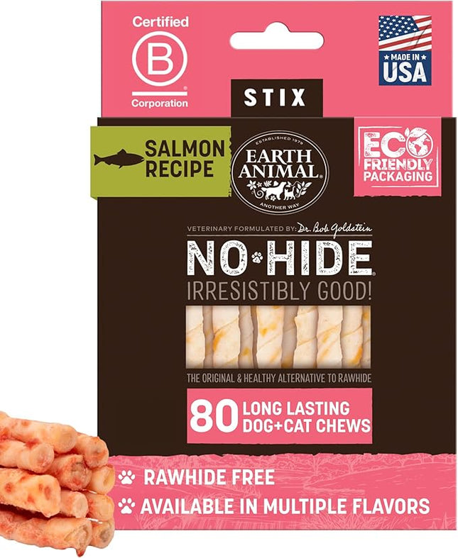 Earth Animal No Hide Stix - Long Lasting Rawhide Free Small Dog Chews Sticks, Salmon - 80 Count Extra Value Pack