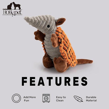 Hollypet Plush Dog Squeaky Toy Stuffed Armadillo Animal Pet Puppy Chew Toys with Clean Teeth for Small Medium Large All Breed Sizes Dogs, Tangerine, 8 in