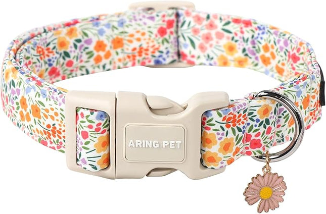 ARING PET Medium Floral Dog Collar - Adjustable Cotton, Reflective, Airtag Compatible