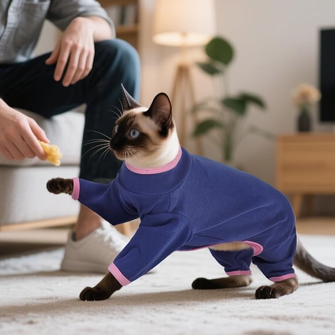 DENTRUN Cat Clothes for Hair Control with Hair Sticky Fabric - Soft Recovery Suit & Breathable Lint-Resistant Cat Sweater for Cats Only, Kitten Onesie Pajamas, M, Blue