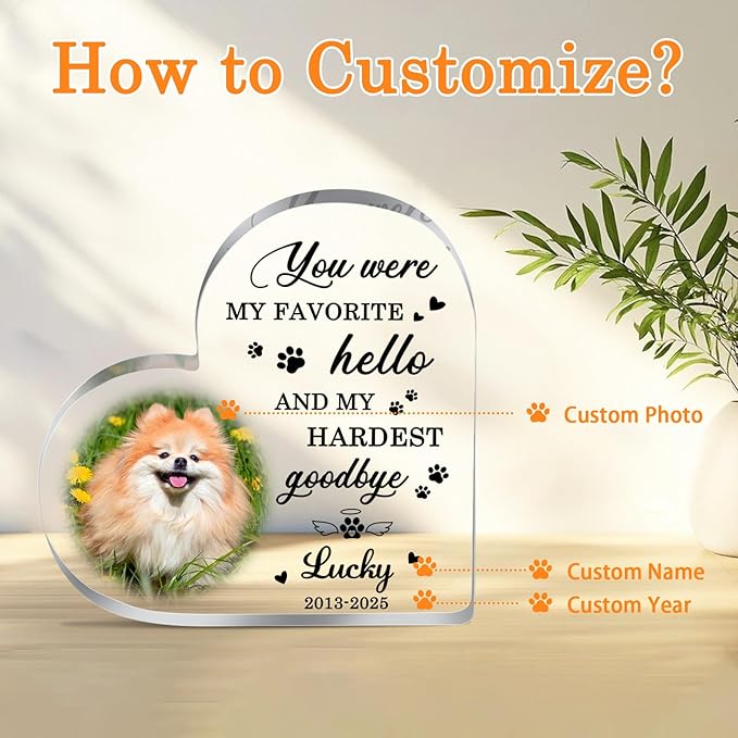 Pet Memorial Gifts for Dogs, Custom Dog Memorial Plaque, Pet Loss Sympathy Gift, Cat Memorial Gifts for Loss of Cat, Personalized Dogs Heart Shaped Acrylic Plaque Keepsake, Dog Passing Away Gifts