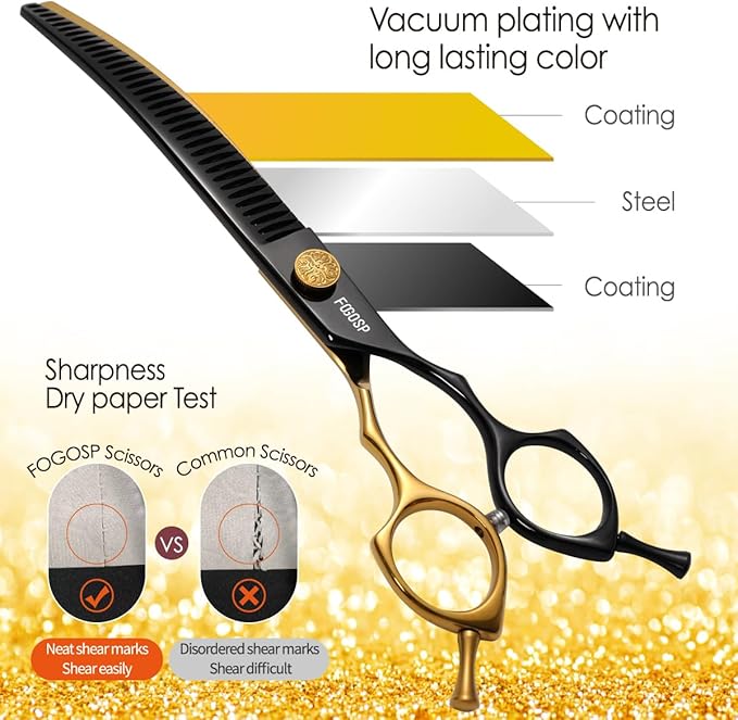 Curved Chunkers Shears Dog Grooming 7.5 in Black & Gold Two Color Professional Curved Thinning Shears for Dog Grooming 35 Teeth Japan 440C 62HRC