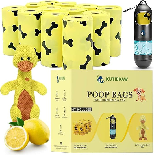 Dog Poop Bag Kit - 180 Biodegradable Lemon Scented Poop Bags for Dogs, Duck Plush Toy & Dispenser with Sanitizer - Leak Proof Extra Thick Compostable Dog Waste Bags for Eco-Friendly Walks