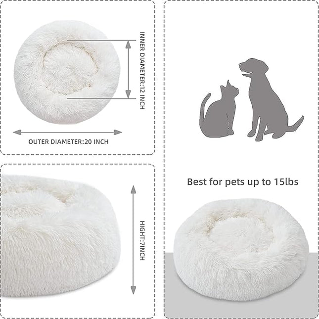 Cat Beds for Indoor Cats - Cat Bed Washable 20/24 inches, Dog Beds for Small Medium Dogs, Anti Anxiety Round Fluffy Plush Faux Fur Pet Bed, Thick Bottom