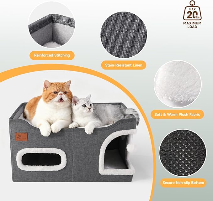 Petizer 23.8 Inches Large Cat Houses for Indoor Cats -Cute Cat Houses & Condos, Foldable Cat Cave Bed with Fluffy Ball and Scratch Pad, Cat Hideaway for Kittens, Kitty, Multi Small Pets, Dark Grey