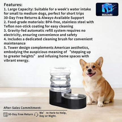 RIZZARI Dog Water Bowl Dispenser: 5L Gravity Black Automatic Stainless Steel Drinking Feeder with Filter for Dogs and Cats