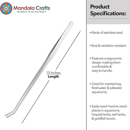 Mandala Crafts 15 Inches Silver Stainless Steel Curved Aquarium Tweezers for Aquatic Plants – Long Aquascape Forceps for Fish Tanks, Hospital Tanks, Goldfish Bowls, and Terrariums