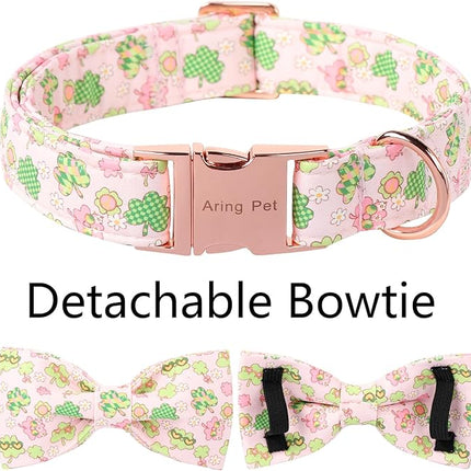 ARING PET St Patrick's Dog Collar with Bow, Cute Pink Shamrock Clovers Pets Detachable Bow Tie Collars for Puppy Small Medium Large Girl Boy Dogs-M