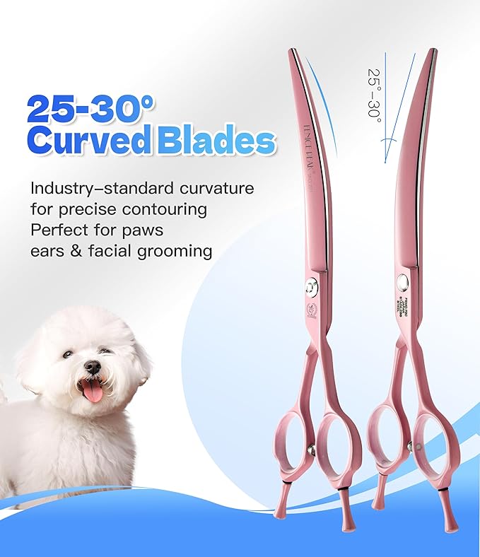Fenice Peak 7" Professional Dog Grooming Scissors Set, Japanese 440C Stainless Steel Straight Thinning Curved Chunker Shears for Pet Grooming, Trimming Face, Paws, Pink