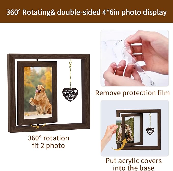 Dog Memorial Gifts for Loss of Dog Wooden Picture Frames for 4x6 Photos，2 Inch Color-Heart Shape Crystal Suncatcher, Pet Memorial Gifts for Dogs Bereavement Sympathy Gifts