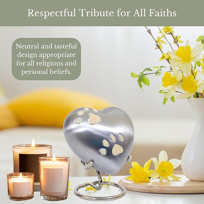 NORSE'S TRADECRAFT Pet Memorial Urn for Ashes| Heart Urn with Paw Engraved Design | Handcrafted Memorial Gifts | Pet Loss Sympathy Gift |Ashes Keepsake with Velvet Box and Stand | Silver - 3 cu in