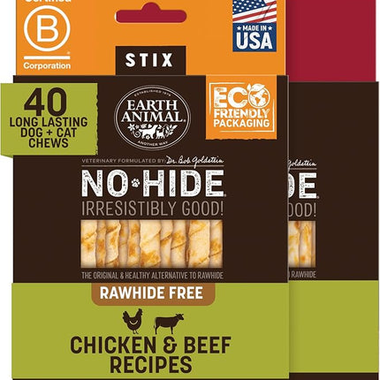 Earth Animal No Hide Stix - Long Lasting Rawhide Free Small Dog Chews Sticks, Chicken & Beef Variety Bundle - 40 Count Value Pack