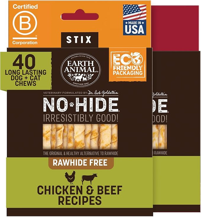 Earth Animal No Hide Stix - Long Lasting Rawhide Free Small Dog Chews Sticks, Chicken & Beef Variety Bundle - 40 Count Value Pack