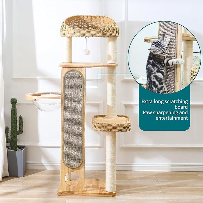 59-inch Cat Tree，Cat Tower with Scratching Post,Extra Long Sisal Blanket, Handwoven Basket & Space Capsule Nest