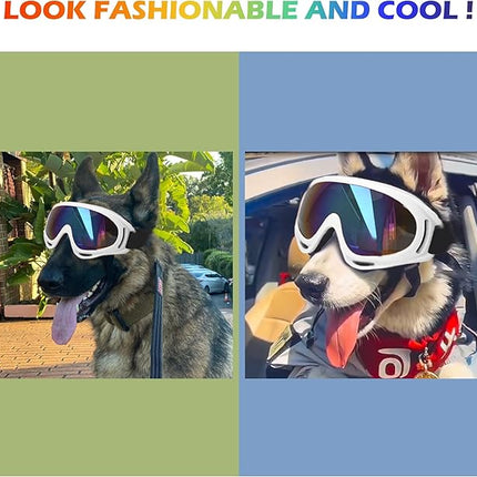 Large Dog Sunglasses With Adjustable Strap UV Protection, Windproof Puppy Eyewear, Suitable for Medium-Large Pets, Eyes Protection, Soft Goggles (White Frame)