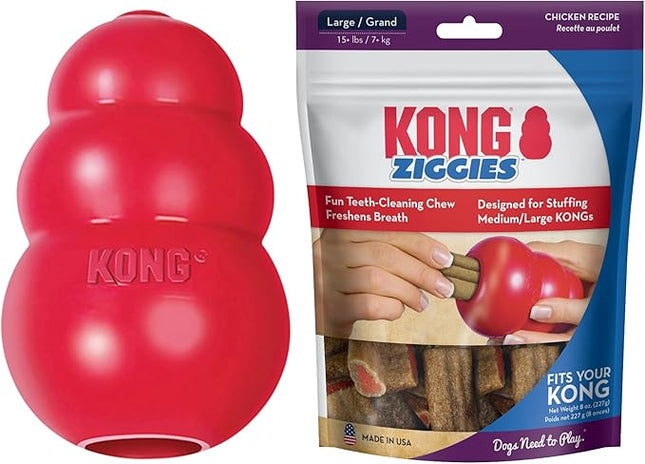 KONG Classic Toy & Ziggies Treats Combo Pack - Durable Chew Toy for Dogs - with Ziggies Chicken-Flavored Treats - Dog Accessories for Fun & Health - for Large Dogs