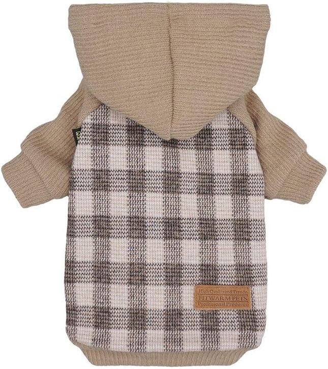 Fitwarm Tartan Plaid Dog Hoodie, Knitted Dog Clothes for Small Dogs Boy, Pet Sweatshirt, Knitted Sweater, Beige, XL