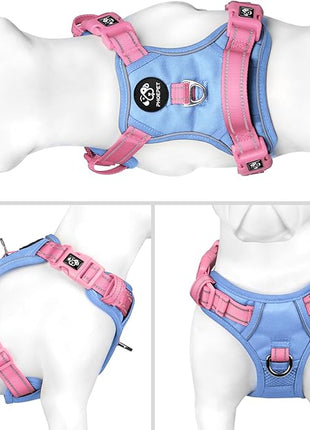 PHOEPET No Pull Dog Harness, Unique Colors Reflective Adjustable Dog Vest, with Soft Training Handle Metal Clips for Small Medium Large Dogs (Baby Blue Base & Pink Straps,L)