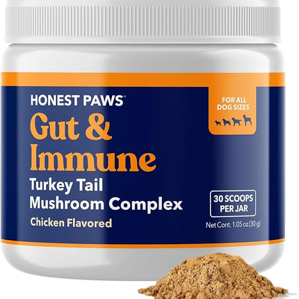 Honest Paws Turkey Tail Mushroom for Dogs - Digestive and Immune Support - Shiitake, Reishi, Maitake Mushroom Supplement Powder for Dogs - No Filler, No Additives - (30 Scoops)